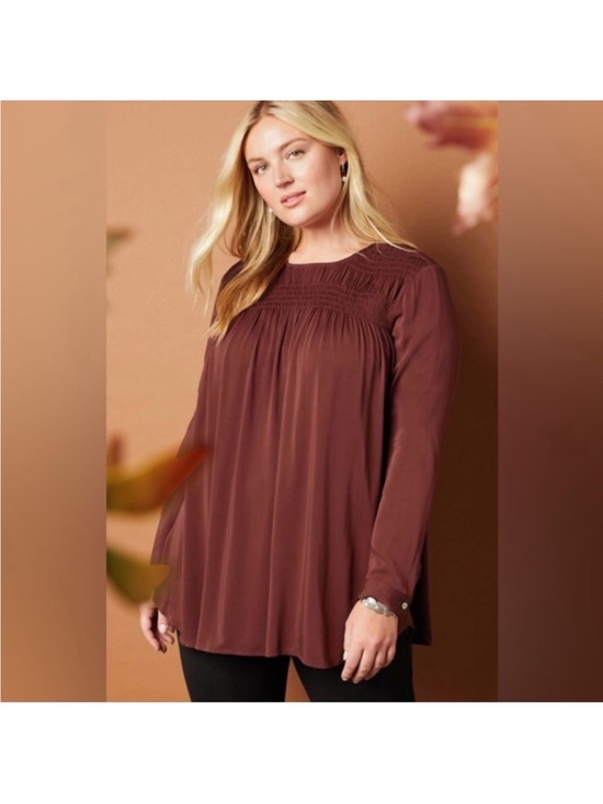 J. Jill Tops - J. Jill Satin Smocked A-Line Top in Clove Brown Long Sleeve Size XL
